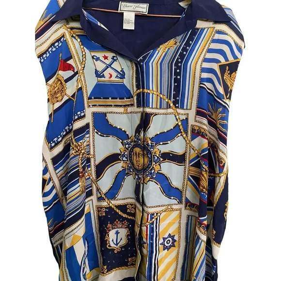 Diane Gilman nautical Long Sleeve silk Collared Button Up Top Size 2X - Picture 2 of 5